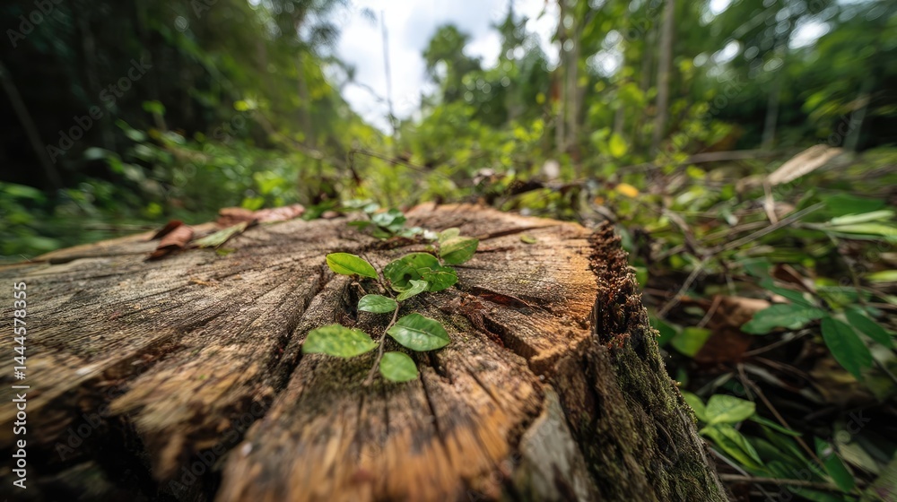 Poster tree stump exposing illegal forest damage and biodiversity loss concept. a close-up view of green le