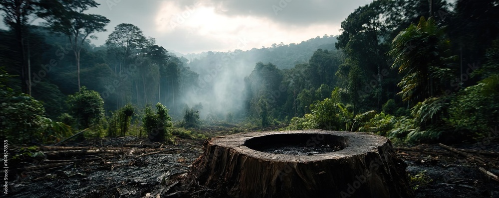 Poster Tree stump exposing illegal forest damage and biodiversity loss concept. A forest scene showcasing deforestation and its impact.
