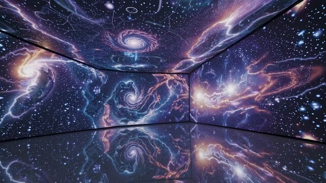 Immersive video of a cosmic galaxy projected on walls and floor, captured from a wide-angle perspective, creating a surreal, infinite space effect. Live desktop wallpaper.