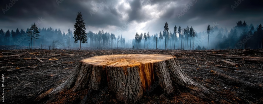 Poster Tree stump exposing illegal forest damage and biodiversity loss concept. A stark image of a tree stump in a deforested landscape.