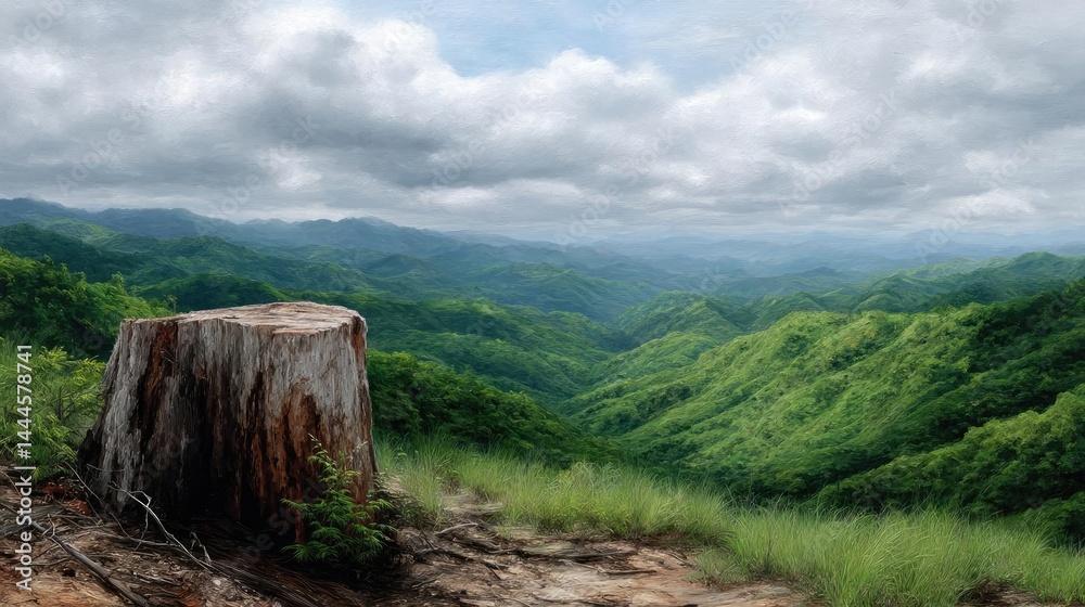 Aufkleber tree stump reflecting deforestation and climate change crisis concept. a scenic view of lush mountai
