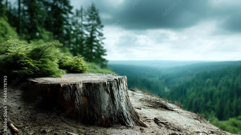 Poster tree stump reflecting deforestation and climate change crisis concept. a serene landscape featuring 