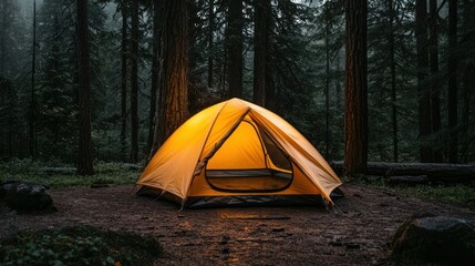 A brightly lit tent stands in a serene and dense forest