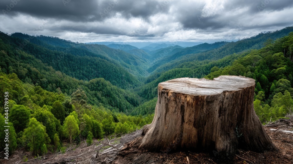 Poster tree stump reflecting deforestation and climate change crisis concept. a serene view of a valley fea
