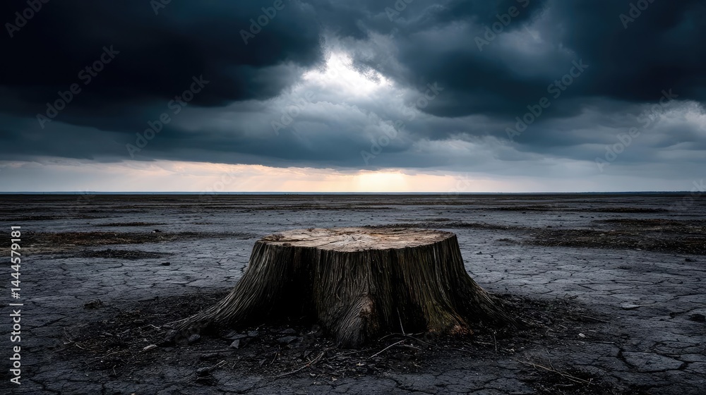 Poster tree stump representing environmental damage and forest decline concept. a solitary tree stump again