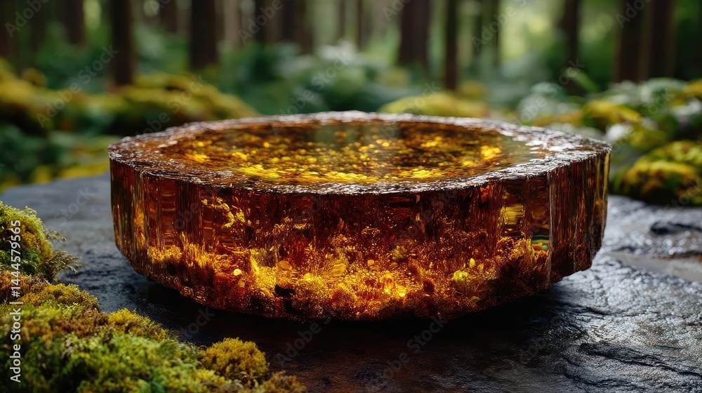 Aufkleber tree stump exposing illegal forest damage and biodiversity loss concept. glowing amber resin on a mo