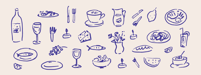 Hand drawn aesthetic food illustration. Sketch style dinner, breakfast, lunch icons. Dolce vita style. Poster, card, menu, branding design elements.