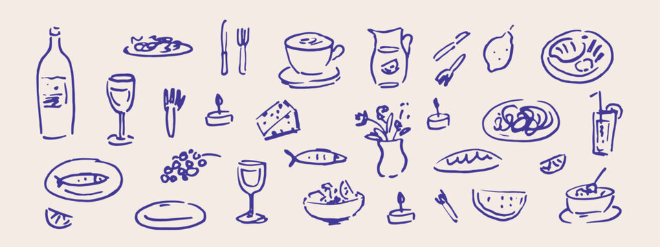 Hand drawn aesthetic food illustration. Sketch style dinner, breakfast, lunch icons. Dolce vita style. Poster, card, menu, branding design elements.