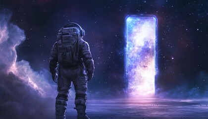 Fototapeta premium Astronaut confronts a luminous cosmic portal.