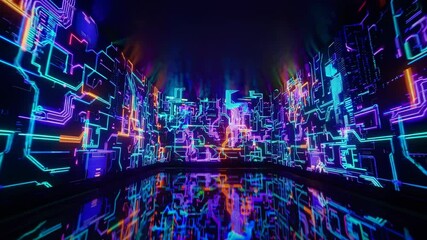Futuristic video concept with neon circuit patterns on walls. Wide-angle shot captures immersive, glowing digital environment. Live desktop wallpaper.