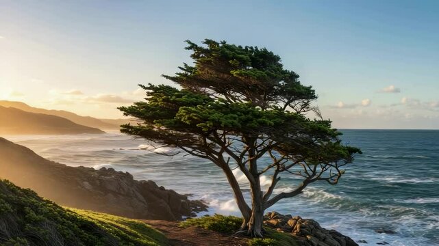 Serene coastal landscape featuring a lone tree against a sunset backdrop by the ocean waves - mamoncillo tree