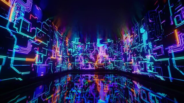 Futuristic video concept with neon circuit patterns on walls. Wide-angle shot captures immersive, glowing digital environment. Live desktop wallpaper.