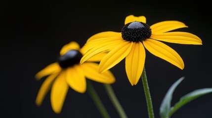 Two vibrant yellow flowers with dark central seed heads are shown