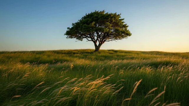 Serene landscape featuring a solitary tree amidst waving grass under a clear blue sky at sunset - mamoncillo tree