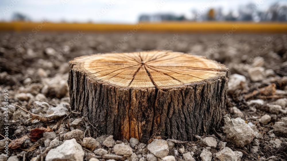 Poster Tree stump representing environmental damage and forest decline concept. A tree stump on rocky ground with distant fields in the background.