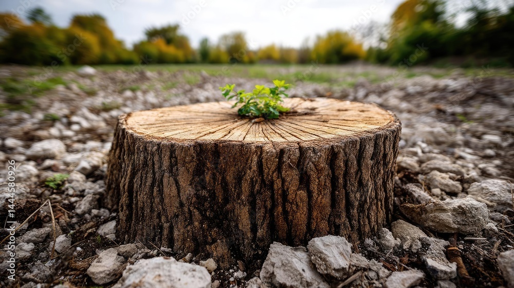 Aufkleber Tree stump representing environmental damage and forest decline concept. A resilient green sprout emerges from a tree stump in nature.