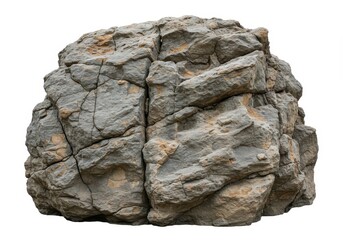A large boulder showing a rough textured surface with cracks and variations in color on a white background