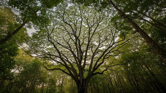 Majestic tree with sprawling branches in a lush forest, surrounded by greenery and soft lighting - mamoncillo tree
