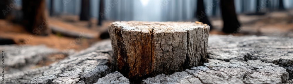 Poster Tree stump reflecting deforestation and climate change crisis concept. A close-up of a tree stump in a serene forest setting.