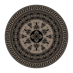 Obraz premium Beautiful round frame golden black arabesques pattern. Golden black plate with greek meander key and floral design. Vintage greek vector frame with arabesques. For round surface, textile, embroidery