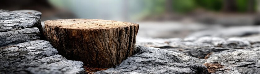 Fototapeta premium Tree stump reflecting deforestation and climate change crisis concept. Close-up of a tree stump surrounded by nature's beautiful textures.