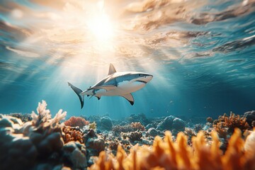 Fototapeta premium A great white shark swims above a vibrant coral reef in clear blue ocean water, illuminated by rays of sunlight.