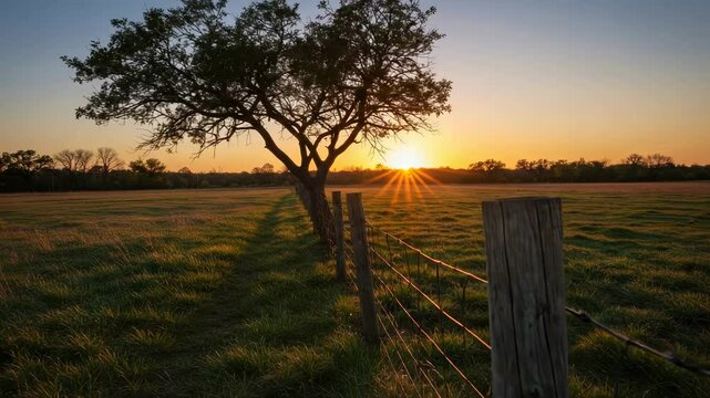 Serene sunset over a grassy field with a lone tree and wooden fence casting long shadows - mamoncillo tree