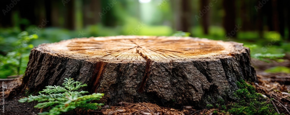 Aufkleber tree stump exposing illegal forest damage and biodiversity loss concept. a tree stump surrounded by 