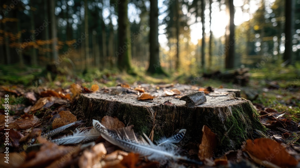 Poster tree stump exposing illegal forest damage and biodiversity loss concept. a serene view of a stump su