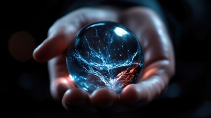 Crystal ball held in a hand, intricate glowing patterns within