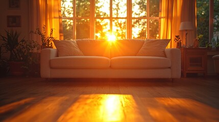 Fototapeta premium Bright living room, sunlight through large windows