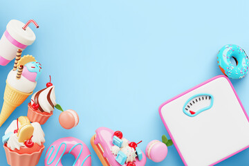 Dessert frame with scale on blue background render top view. Unhealthy diet and overweight problem concept. Sugar and junk food border of sweet cake, donut, ice cream, soda drink cup. 3D illustration