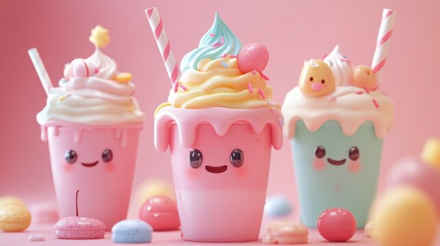 Three cute cartoon ice cream cups with whipped cream, sprinkles, and candies.