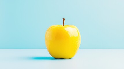 Obraz premium A single yellow apple sitting on a blue surface gracefully