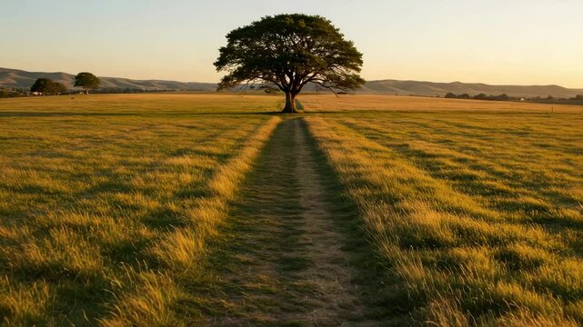 Serene landscape featuring a solitary tree at sunset, with a winding path leading through golden grass - mamoncillo tree