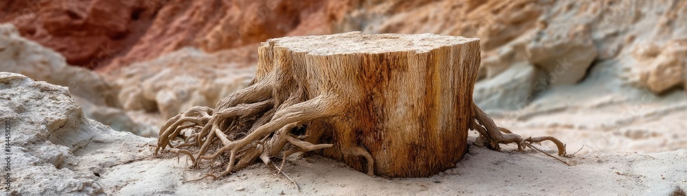 Poster Tree stump representing environmental damage and forest decline concept. A rustic tree stump with roots against a natural landscape backdrop.