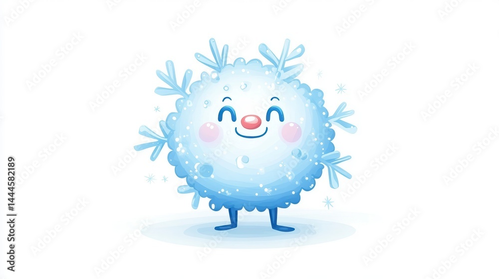 Poster cute cartoon snowball character with smiling face and snowflake arms, isolated on white background.