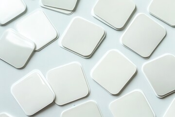 A close-up view of multiple blank white square tiles arranged on a light surface