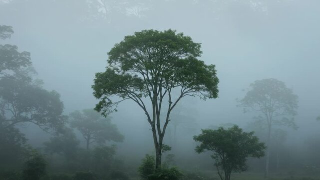 Serene misty landscape featuring tall trees shrouded in fog, evoking tranquility and nature's beauty - mamoncillo tree