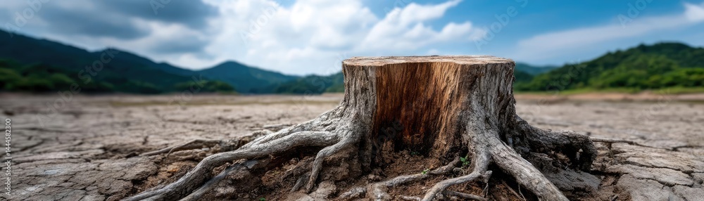Poster Tree stump representing environmental damage and forest decline concept. A tree stump surrounded by cracked ground and mountains in view.