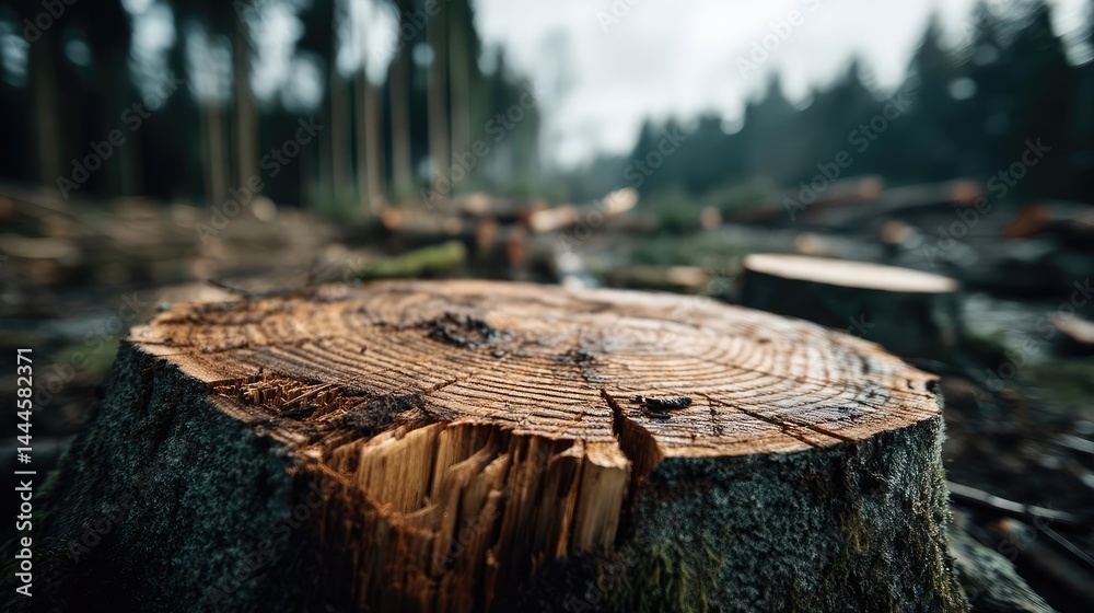 Aufkleber Tree stump representing environmental damage and forest decline concept. Close-up of a tree stump in a deforested area, highlighting nature's impact.