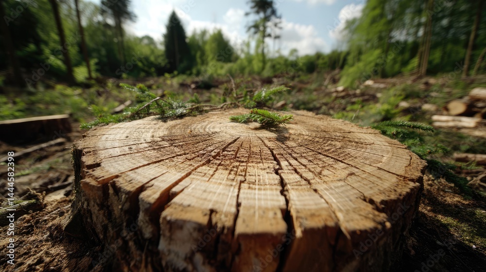 Aufkleber Tree stump representing environmental damage and forest decline concept. A close-up of a tree stump with new growth in a forest setting.
