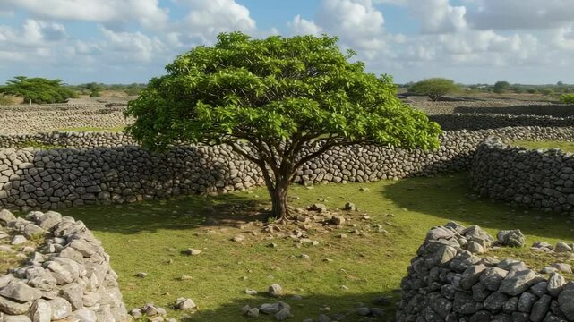 Lush green tree standing amidst ancient stone ruins under a bright sky, showcasing nature's beauty - mamoncillo tree
