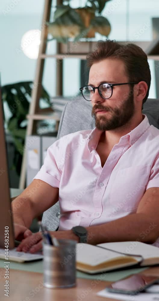 Leinwandbilder Computer, programmer and web development with man coding software in office for launch or testing. Designer, stretching and typing with developer employee at desk in workplace for infrastructure code