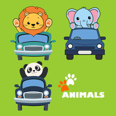 set of cartoon cars with animals