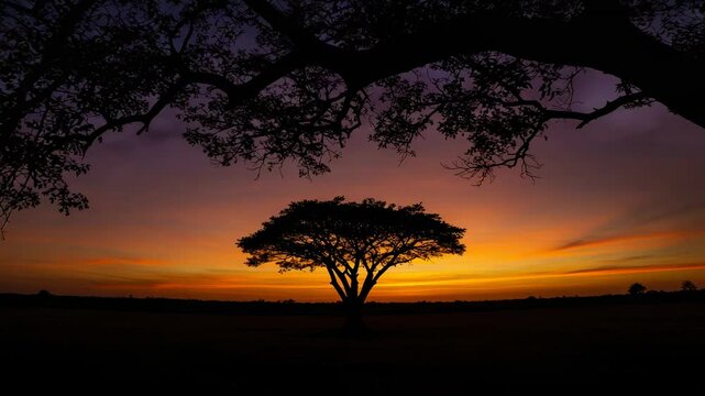 Majestic silhouette of a lone tree against a vibrant sunset, casting shadows in a tranquil landscape - mamoncillo tree