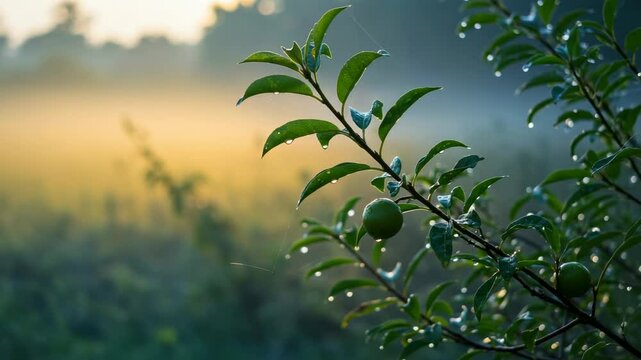 Dew-covered citrus branch in a misty morning landscape, capturing serene nature and tranquility - mamoncillo tree