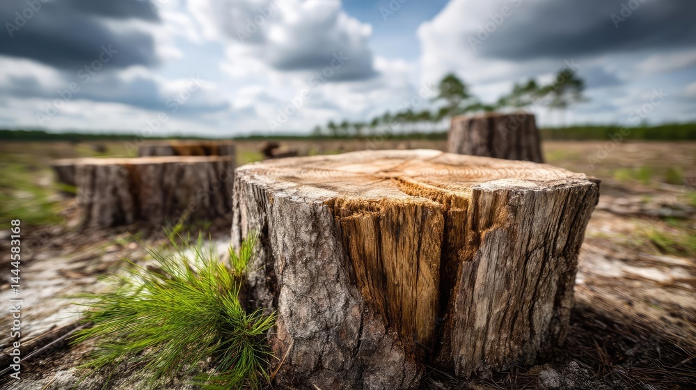 Poster Tree stump reflecting deforestation and climate change crisis concept. A close-up view of tree stumps surrounded by grass and clouds.