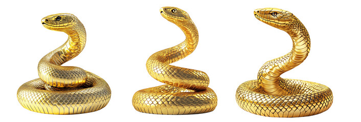 Coiled golden snake sculpture with detailed scales isolated on white transparent background, reptiles or wildlife, symbolizing Chinese Lunar New year