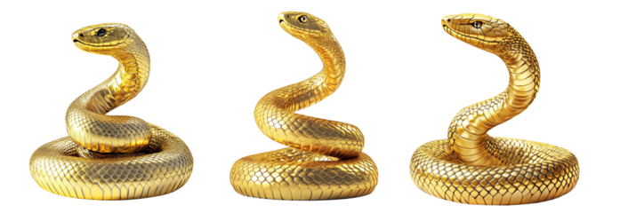 Coiled golden snake sculpture with detailed scales isolated on white transparent background, reptiles or wildlife, symbolizing Chinese Lunar New year